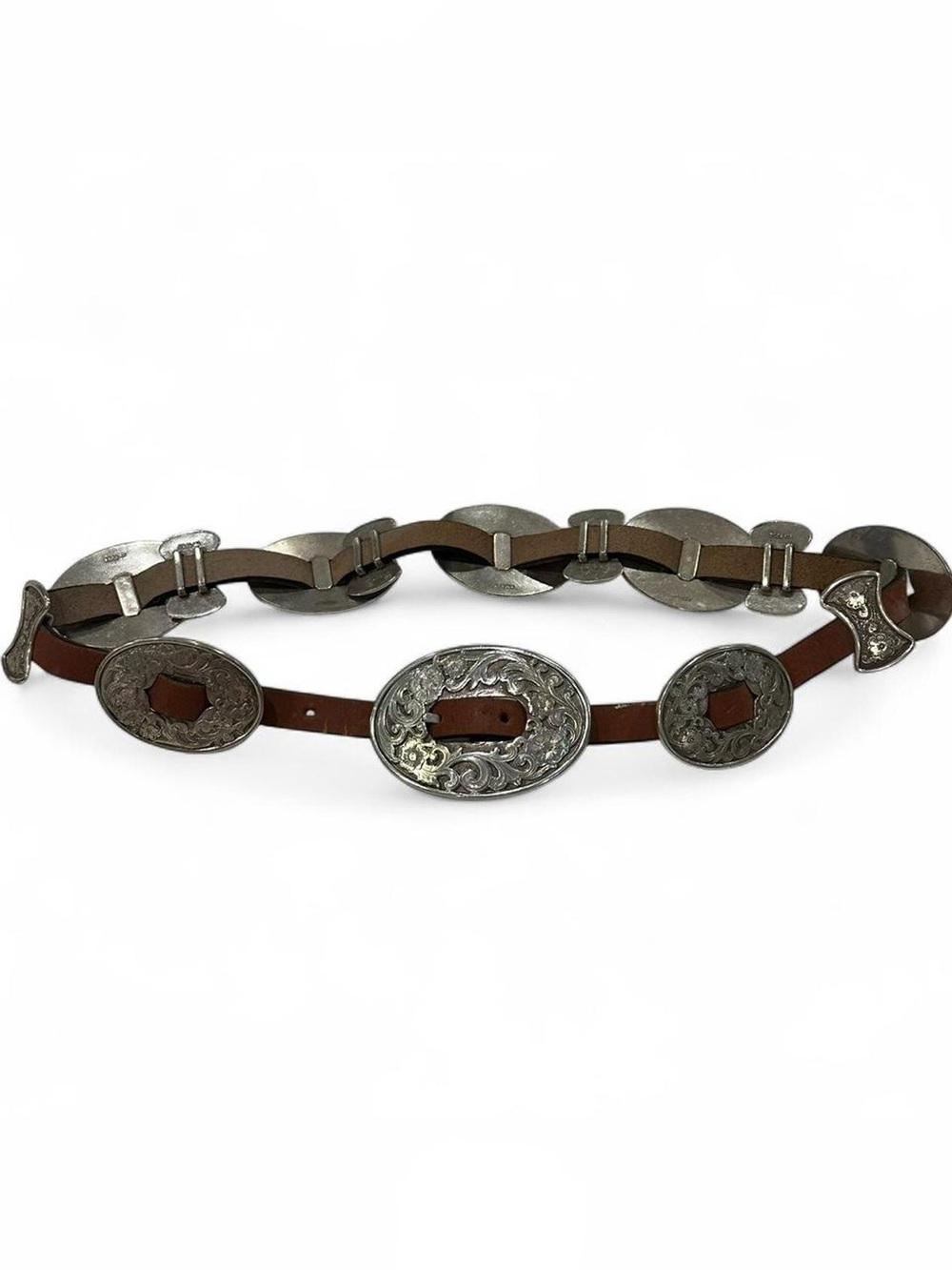 Vintage 1994 Tony Lama Western Silver Concho Belt Brown Leather Size 28 Women’s